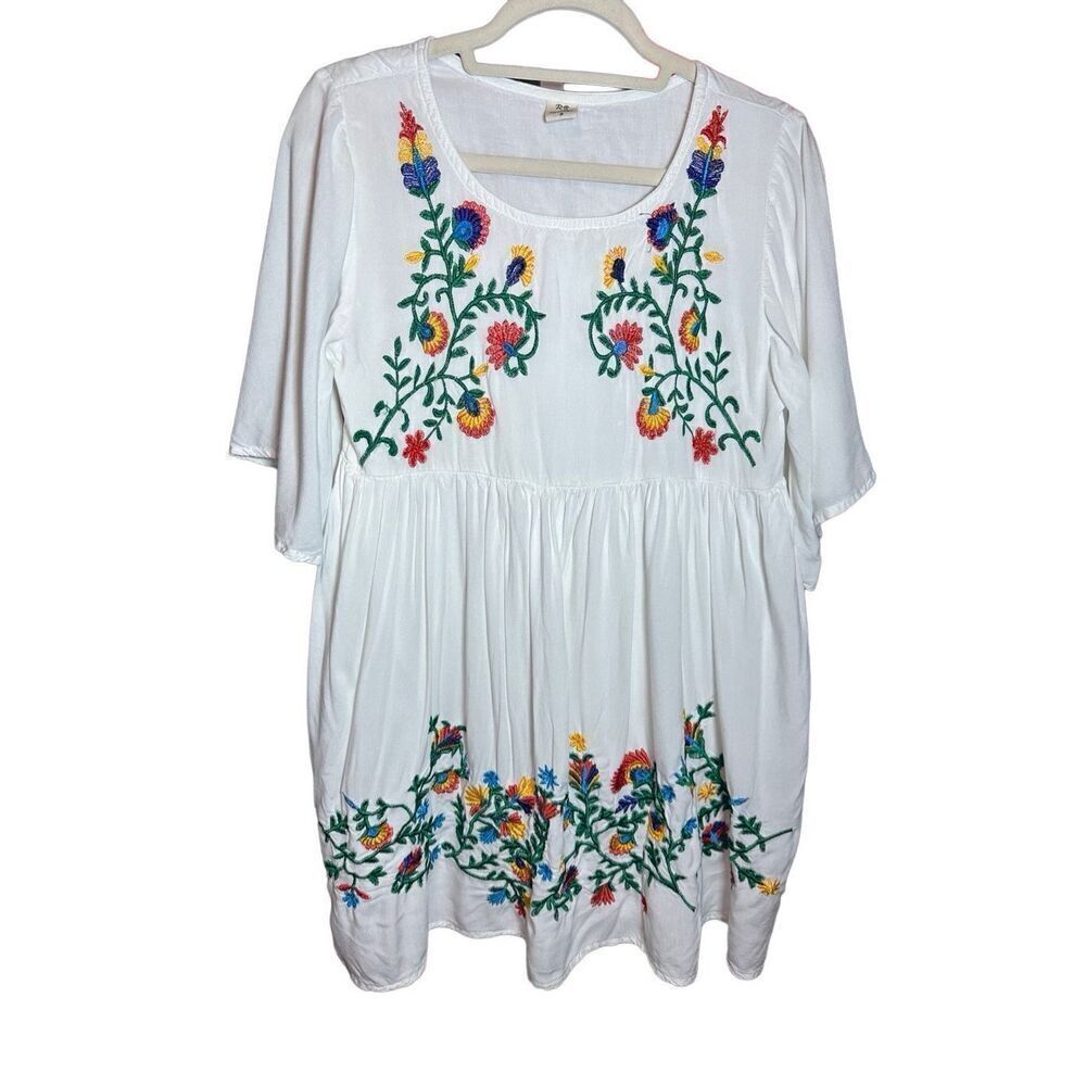 Riviera Sun Rayon Crepe Mini Dress with‎ Multicolored Floral Embroidery Sz S